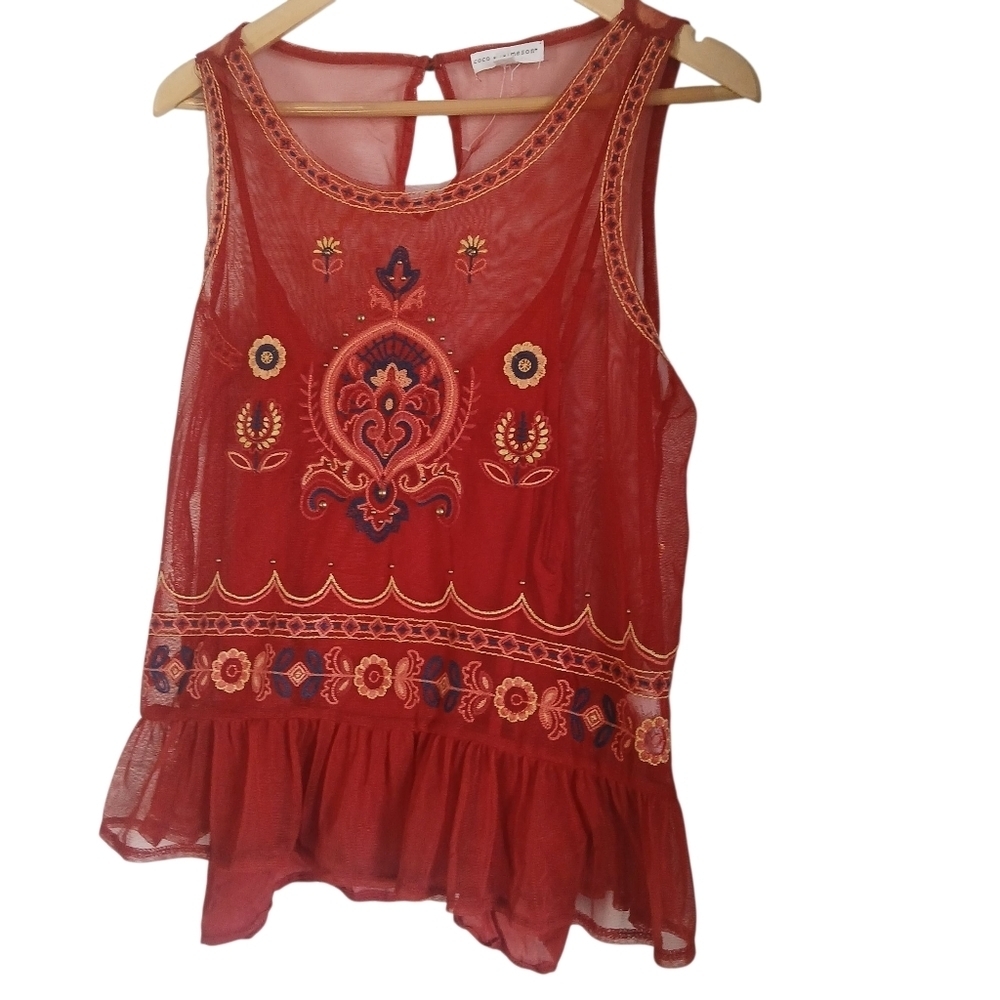 Coco + Jaimeson Embroidered Red Sheer Sleeveless Tank Top Electric Traveler